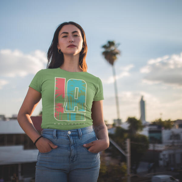 Woman wearing a Man wearing green LA California t-shirt.